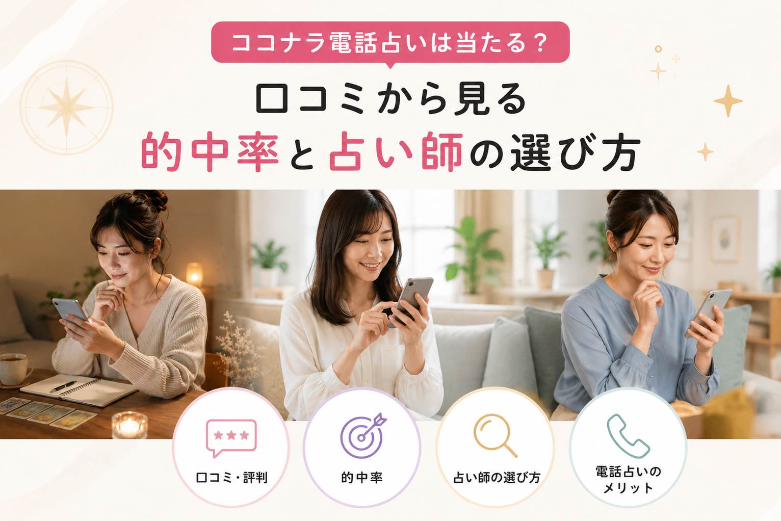 ココナラ電話占いの口コミや的中率を参考に占い師を選ぶイメージ画像