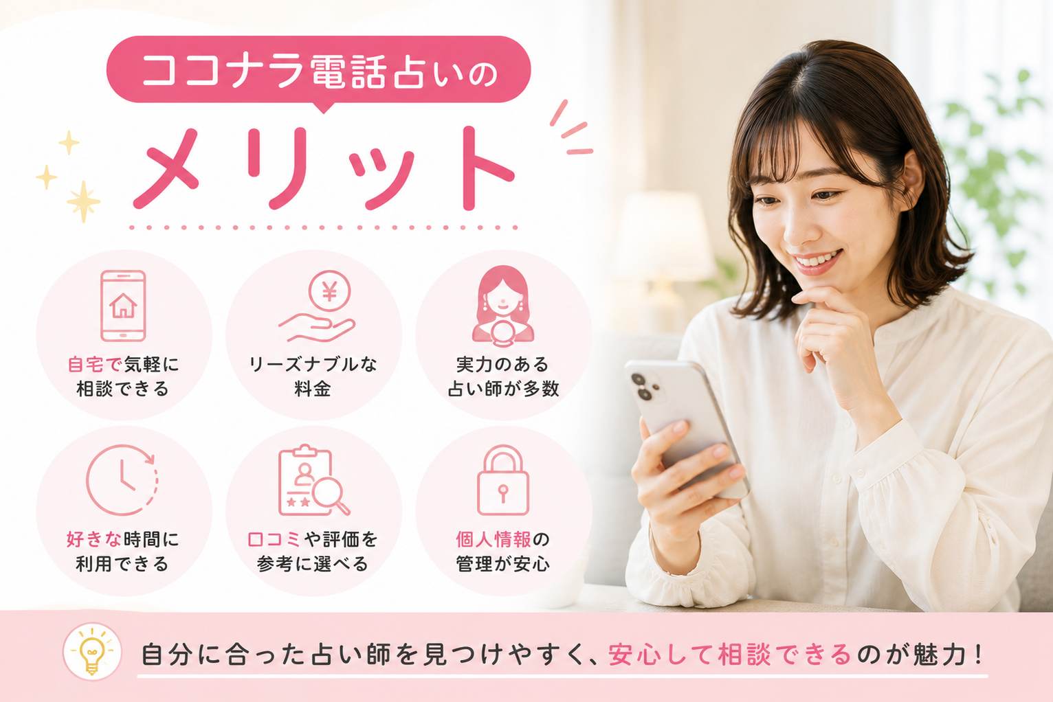 ココナラ電話占いのメリットや利用しやすさを紹介するイメージ画像