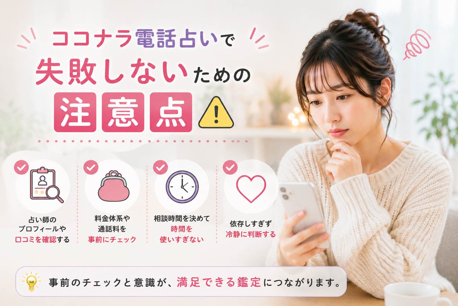 ココナラ電話占いで失敗しないための注意点を確認する女性のイメージ画像