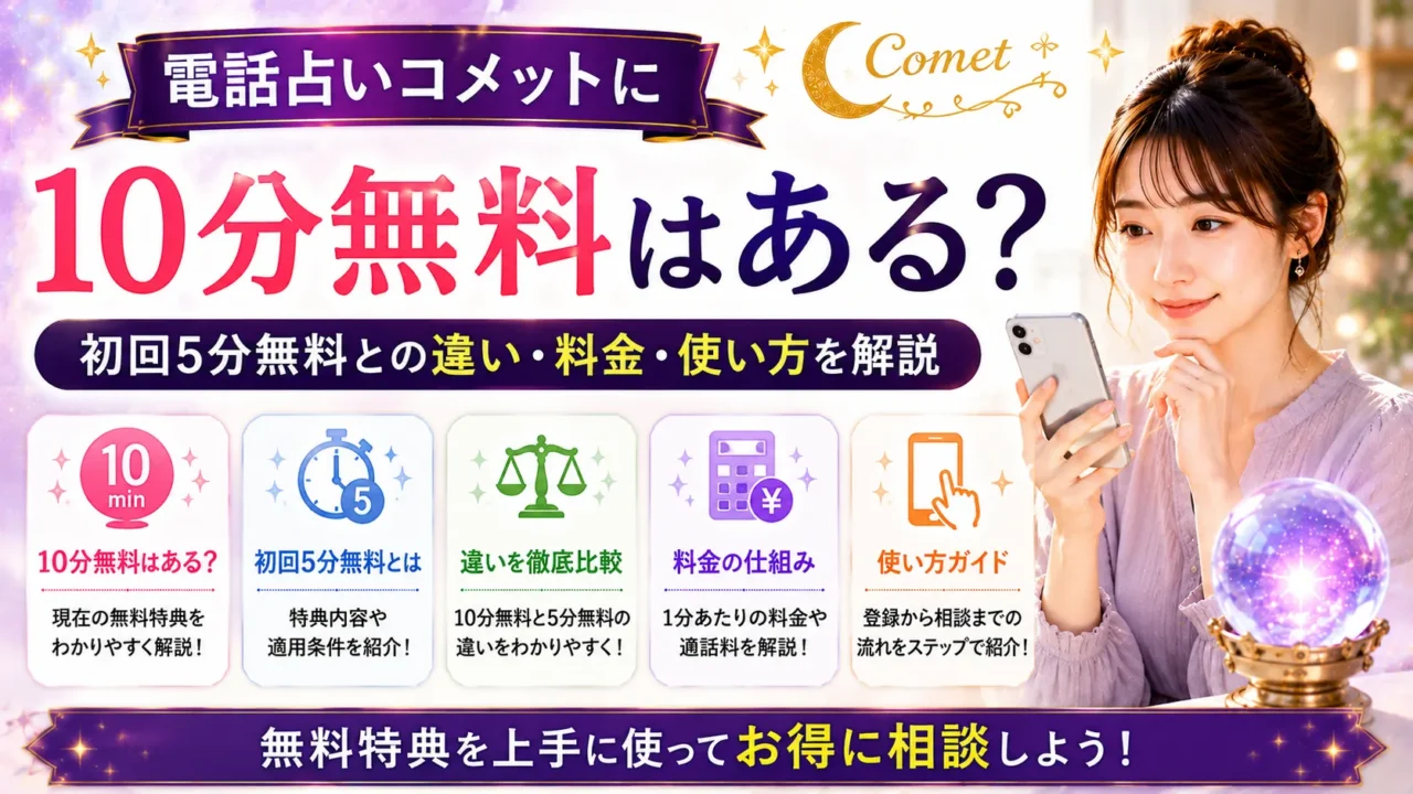 電話占いコメットに10分無料特典はあるのか、初回5分無料との違いや料金、使い方を解説するイメージ